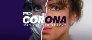 Fotocollage: Frau mit einer Maske und Schutzbrille wird zur Frau ohne Maske und Schutzbrille mit dem Schriftzug "Corona Was ist geblieben?" - Das ist das Bild zum SWR Podcast vier Jahre nach der Covid19 Pandemie