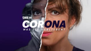 Fotocollage: Frau mit einer Maske und Schutzbrille wird zur Frau ohne Maske und Schutzbrille mit dem Schriftzug "Corona Was ist geblieben?" - Das ist das Bild zum SWR Podcast vier Jahre nach der Covid19 Pandemie