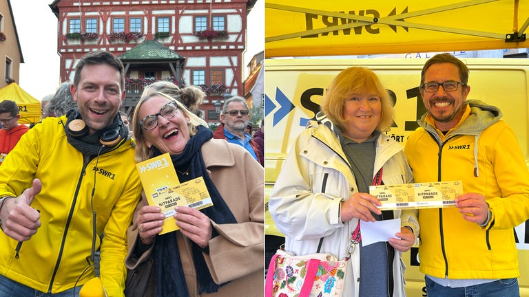 Corvin Tondera-Klein übergibt zwei Tickets für die SWR1 Hitparade Finalparty an Gewinnerin Karin, Ingo Legen hat zwei Tickets für Andrea in Nußloch.