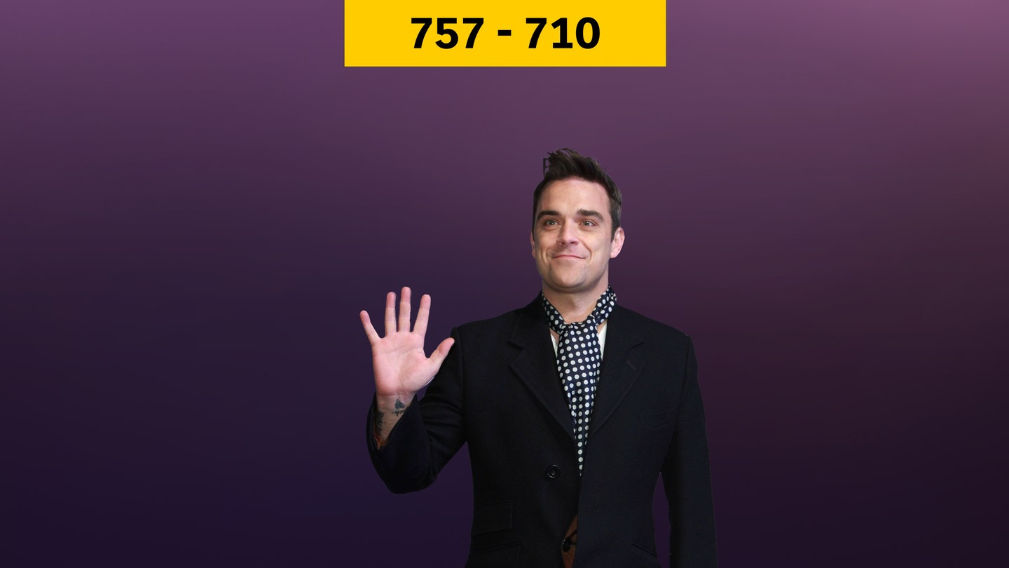 Foto  von Robbie Williams mit Platz 757- 710 der kultigsten Radio-Hitparade Deutschlands in der ARD Audiothek