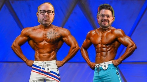 Die Köpfe von Max und Matthias auf den Körpern von sehr muskulösen Bodybuildern.