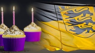 SWR1 feiert 70 Jahre Baden-Württemberg - Cupcakes mit brennenden Kerzen und der schwarz-gelben Flagge mit dem Landeswappen, einer stilisierten Krone über drei Löwen