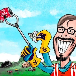 Gemeinsam Müll sammeln & aufräumen mit SWR1 Moderator Ingo Lege während der SWR1 Dreck-weg-Woche - unterwegs (Bild: Cartoon von SWR1 Moderator Ingos Lege mit Besen beim Müll sammeln und entsorgen)