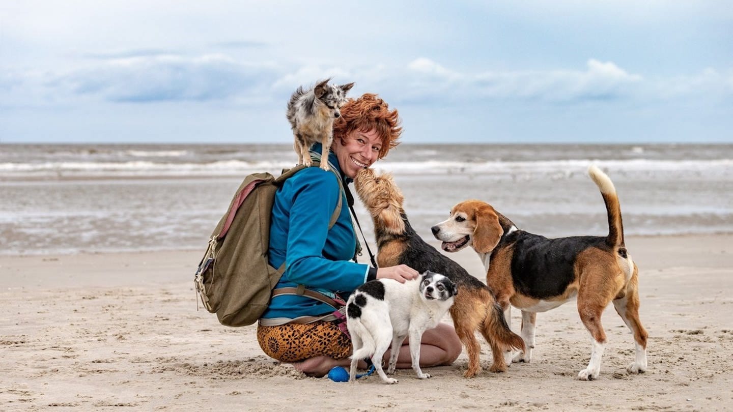 Tierärztin, Coach und Autorin Sophie Strodtbeck kniet am Strand vor ihren drei Hunden, während der vierte auf ihrer Schulter sitzt.