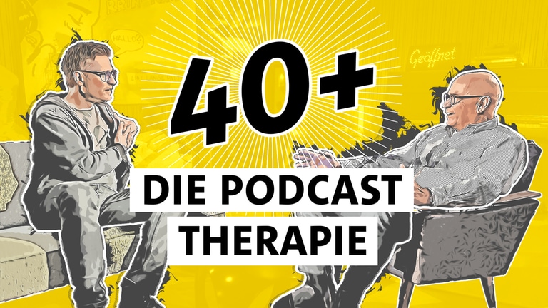 40+ Die Podcast Therapie: Tipps für eine Generation zu Sex, Konflikten und Beziehungen (Fotocollage: Florian Weber (links) und Christian Peter Dogs (rechts) auf gelbem Hintergrund mit Schriftzug "40+ Die Podcast Therapie")