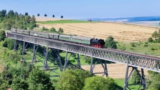 Die Sauschwänzlebahn: Lokomotive mit anghängten Waggons fährt auf einem Viadukt mit Feldern und Bergen im Hintergrund.