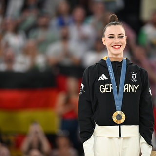 Darja Varfolomeev gewinnt Gold in derRhythmischen Sportgymnastik bei den olympischen Spielen 2024 in Paris