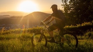 Radwege abseits der Massen in Rheinland-Pfalz | Fahrradfahrer vor Burg Battenberg, Pfalz