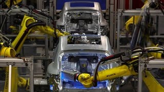 In der Produktionshalle eines großen Automobilherstellers schweißen Roboterarme an einem Auto. Wie sieht die Arbeitswelt der Zukunft aus? Automatisierung und Fachkräftemangel verändern die Arbeit. Brauchen wir eine Grundsicherung mit einem bedingungslosen Grundeinkommen? Politikwissenschaftlerin Barbara Prainsack spricht in SWR1 Leute darüber, wie wir in Zukunft arbeiten werden.