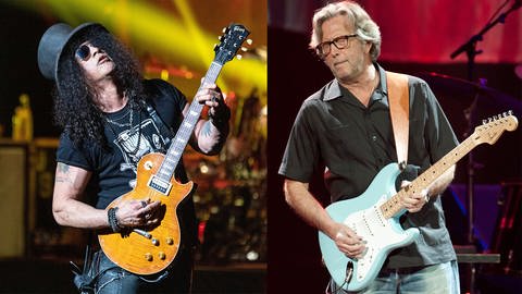 Slash mit einer Gibson Les Paul und Eric Clapton mit einer Fender Stratocaster