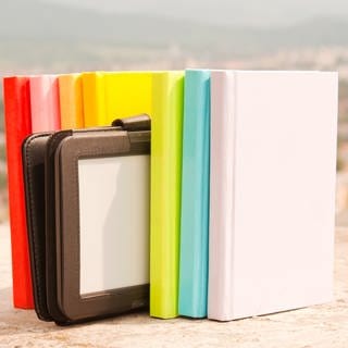 Bücher und E-Reaser vor Urlaubskulisse