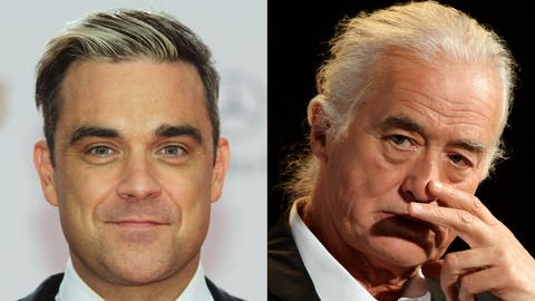 Eine Bildkombo zeigt den Popstar Robbie Williams (14.11.2013 in Berlin) und den Led-Zeppelin-Gitarrist Jimmy Page (16.04.2014 in Berlin). Die beiden Musiker liegen in einem Nachbarschaftsstreit.