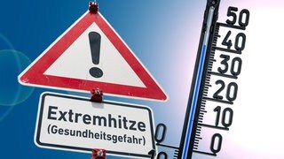 Extreme Hitze Warnschild mit der Unterschrift "Gesundheitsgefahr" neben einem Termometer, was 40 Grad Celsius anzeigt