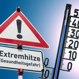 Extreme Hitze Warnschild mit der Unterschrift "Gesundheitsgefahr" neben einem Termometer, was 40 Grad Celsius anzeigt