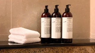 Plegeprodukte wie Shampoo und Duschgel und ein kleines Handtuch in einem Hyatt-Hotel