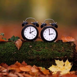 Zwei Wecker mit unterschiedlichen Uhrzeiten, Symbolbild Zeitumstellung auf Winterzeit