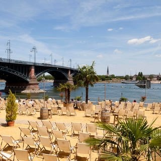 Direkt am Ufer des Rheins können Sie am Mainzstrand bei einem kühlen Getränk auf einem der Liegestühle mit Blick auf die Rheinaue die Füße in den Sand stecken.