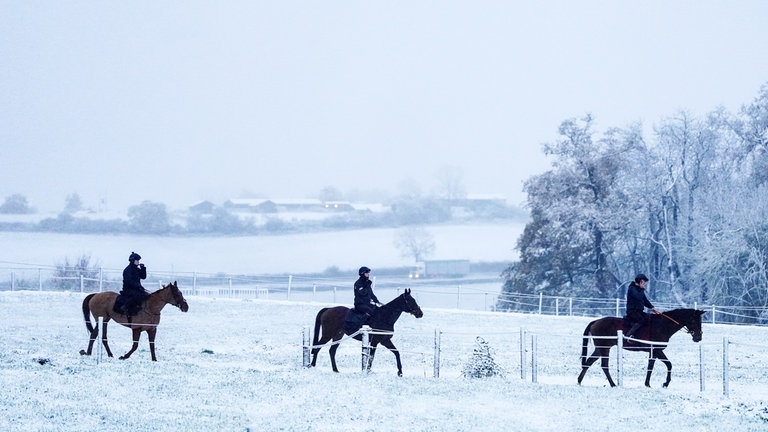 19. November: Die englische Grafschaft Worcestershire hat sich schon jetzt in ein Winterwunderland verwandelt, das drei Reiter bei einem Ausritt genießen. Auch in Deutschland könnte in den nächsten Tagen in den mittleren und hohen Lagen Schnee fallen. Wo es nicht schneit, ist mit Regen oder Graupelschauer sowie weiterhin starken Böen und zunehmender Kälte zu rechnen. 