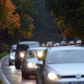 Autos stehen auf einer Landstrasse im Stau | Wie verhalte ich mich richtig? Tipps für den Stau im November