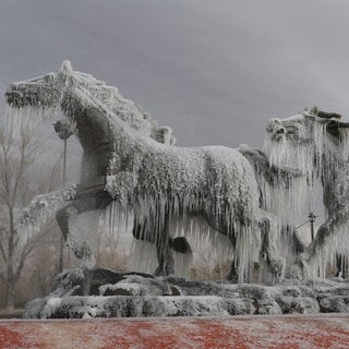 10. Januar: Diese Pferdestatuen in Ciudad Juárez, Mexiko, tragen derzeit ein frostiges Winterkleid. Eine Kaltfront hat eisige Temperaturen um den Gefrierpunkt mit sich gebracht. In Kombination mit dem schneidenden Wind hat sie die Statuen und Straßen der Stadt in einen Schleier aus Eis gehüllt.