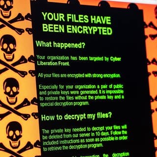 Computerbildschirm mit Erpresserbotschaft und Totenköpfen: Your files have been encrypted. – Ransomware, auch Erpressungssoftware, Kryptotrojaner oder Verschlüsselungstrojaner genannt, sind Schadprogramme. Sie ermöglichen Eindringlingen den Zugriff und die Manipulation von Daten oder des ganzen Computersystems und können bei Unternehmen schwere Schäden anrichten. "Ransom" ist das englische Wort für "Lösegeld".