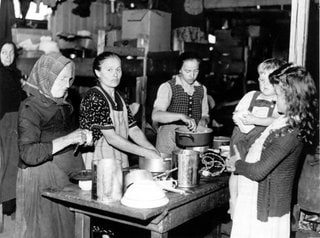 Frauen bereiten 1948 an einem Tisch im Flüchtlingslager Allach Mahlzeiten zu. Demokratie, Menschenrechte und die Zeit nach dem zweiten Weltkrieg: Autorin Stefanie Wally erzählt in SWR1 Leute über große politische und gesellschaftliche Umbrüche am Beispiel ihrer Großmutter.