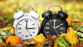 Zwei Wecker vor herbstlichen Hintergrund: Ab der Zeitumstellung im Herbst 2024 gilt wieder die winterzeit. Die Umstellung der Uhr ist am Sonntag, 27. Oktober, um 3 Uhr.