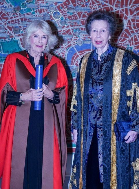 Königin Camilla und Prinzessin Anne tragen Roben.