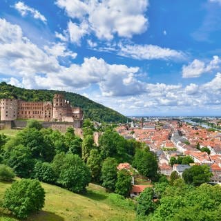 Eine tolle Aussicht über Heidelberg mit Heidelberger Schloss, Altstadt und Neckar.