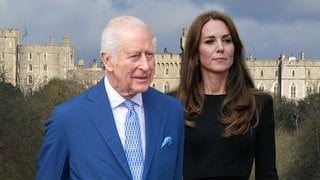 Fotomontage SWR: König Charles und Prinzessin Kate stehen vor dem Schloss Windsor.