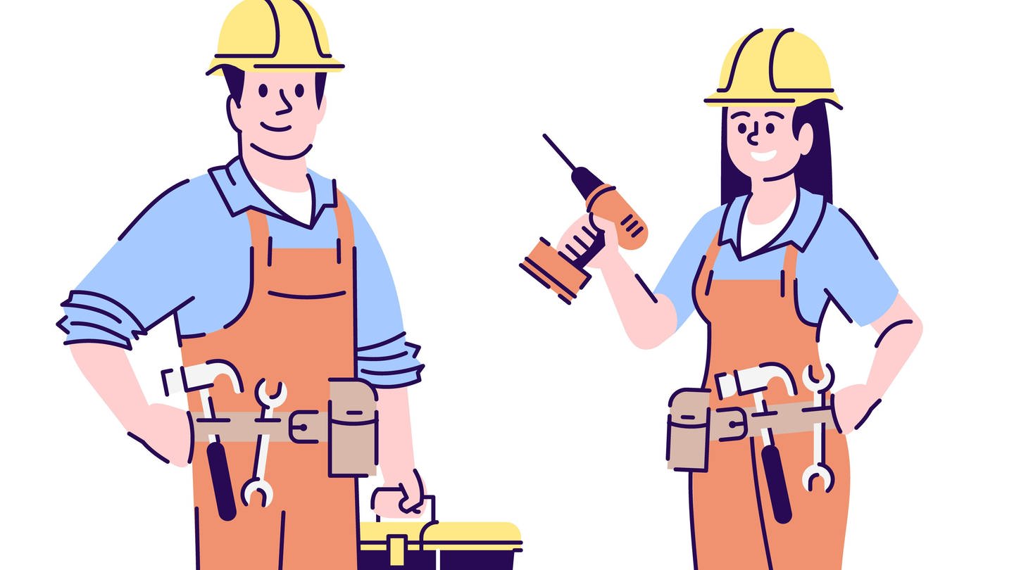 Comicfiguren von Handwerker mit Werkzeugkasten und Handwerkerin mit Bohrmaschine.