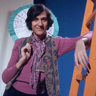 "disco" Moderator Ilja Richter lehnt an einer orangefarbenen Leiter trägt einen lilanen Pullover und schaut in die Kamera. Bekannt wurde er auch durch seine Sketche und die "Pauker"-Filme.