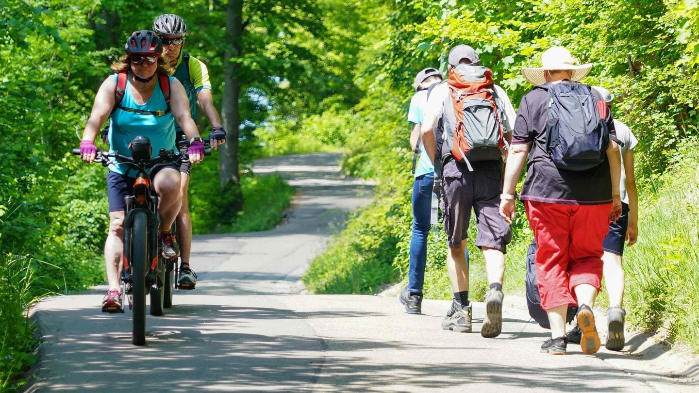 Wanderer und Radfahrer bei der Burg Rechberg