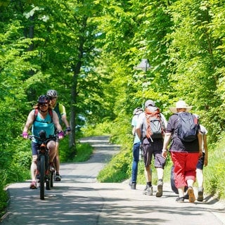 Wanderer und Radfahrer bei der Burg Rechberg 