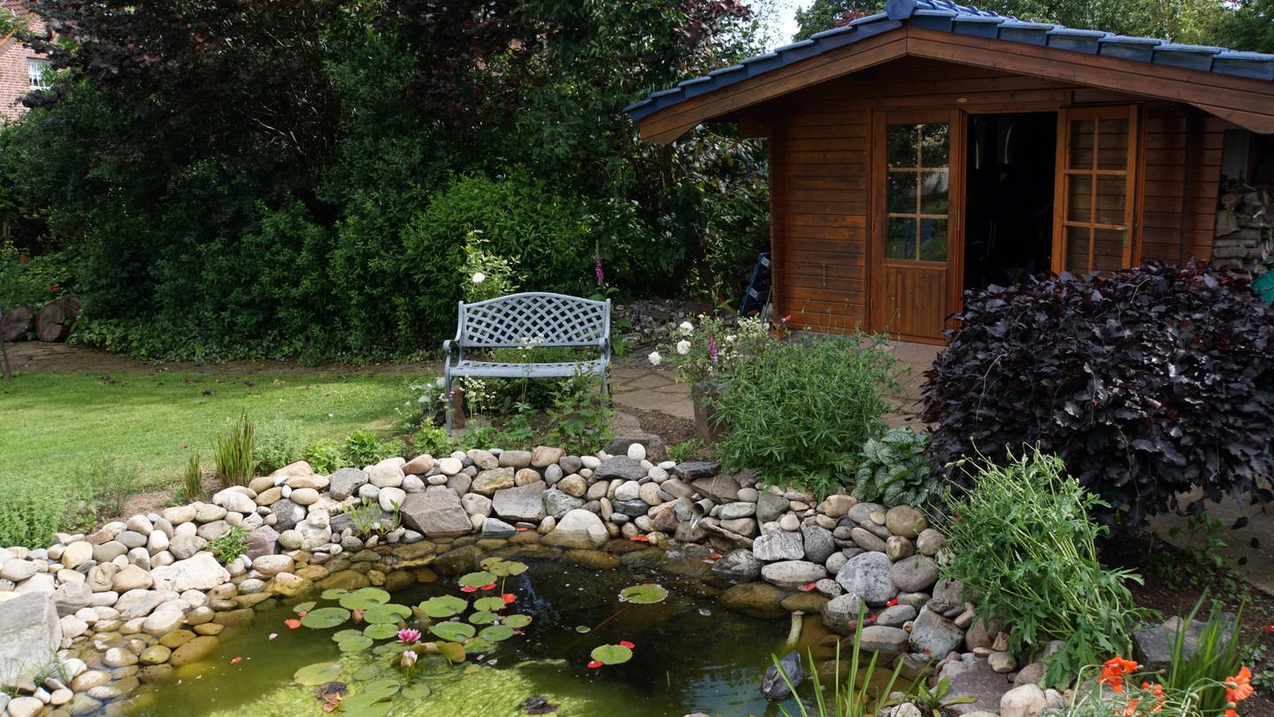 Neben dem runden Gartenteich mit Seerosen und Algen steht eine Bank auf dem grünen Rasen. Daneben ist eine hübsche Gartenhütte aus Holz mit offenen Türen zu sehen.