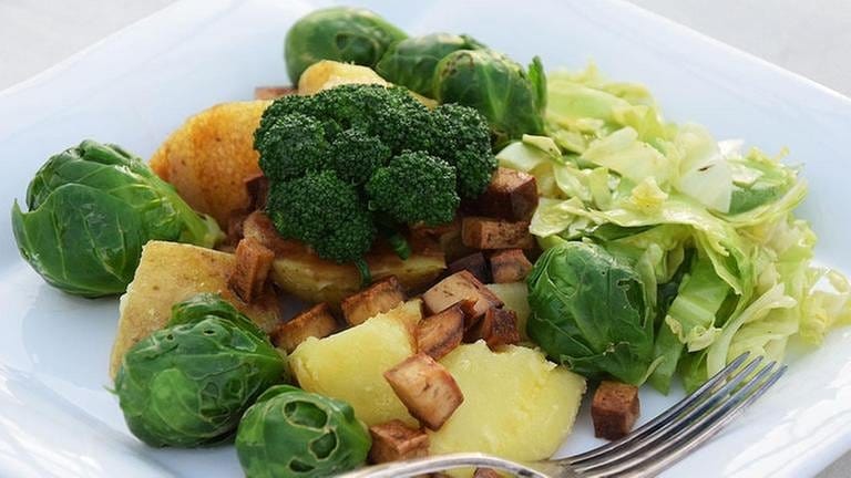weißer, eckiger teller mit salat aus Kartoffeln, rosenkohl, broccoli und tofu mit einer gabel