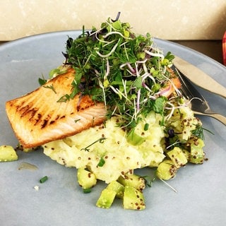 gebratener Lachs auf Kartoffel-Gurken-Salat mit Kräutern auf einem grauen Teller angerichtet 