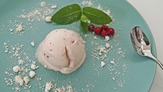 Eine Kugel Eis aus Johannisbeeren liegt auf einem blauen Teller, als Deko ein Zweig mit Johannisbeeren 