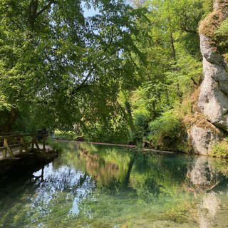 Wandern auf der Schwäbischen Alb: Der Flusslauf der Zwiefalter Aach mit Felsformationen der Schwäbischen Alb