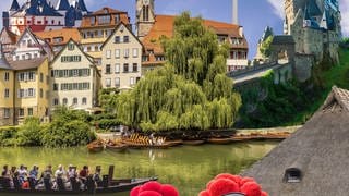 Collage von verschiedenen Sehenswürdigkeiten aus Baden-Württemberg und Rheinland-Pfalz wie die Burg Eltz, die Altstadt Tübingen, schwäbische Maultaschen, Pfälzer Saumagen oder der Stuttgarter Fernsehturm