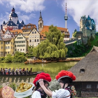 Collage von verschiedenen Sehenswürdigkeiten aus Baden-Württemberg und Rheinland-Pfalz wie die Burg Eltz, die Altstadt Tübingen, schwäbische Maultaschen, Pfälzer Saumagen oder der Stuttgarter Fernsehturm