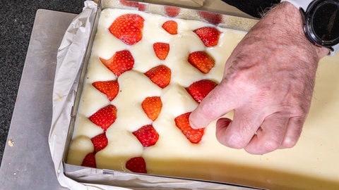 Die Vanillecreme für den Erdbeerkuchen wird auf dem Biskuitboden verteilt.