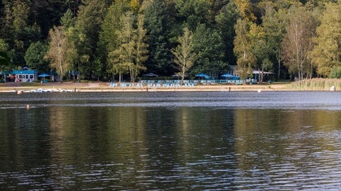 Der See Gelterswoog bei Hohenecken, einem Ortsteil von Kaiserslautern in der Pfalz.