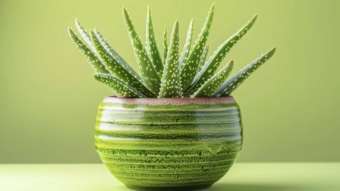 Zimmerpflanzen im Schlafzimmer: eine Echte Aloe in einem grünen Topf