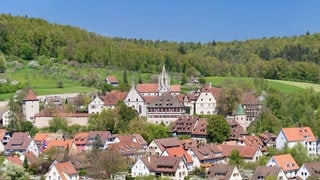 Das Kloster Bebenhausen im Naturpark Schönbuch bei Tübingen von weitem, eingebettet in bewaldete Hügel.