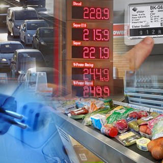 Fotmontage aus Lebensmitteln an der Kasse, einem Gaszähler, Tankstellen-Spritpreistafel und Stromstecker: Hohe Energiekosten, teurere Lebensmittel. Die Inflation in Deutschland ist so hoch wie seit fat 50 Jahren nicht mehr. Experten sind besorgt.