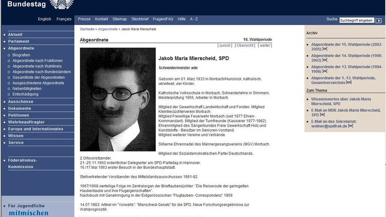 Mit Foto und Lebenslauf präsentiert sich der, allerdings nur virtuell vorhandene, SPD-Bundestagabgeordnete Jakob Maria Mierscheid auf der Internetseite des Bundestages.