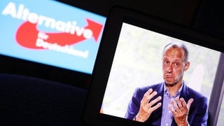 Ein AFD Logo auf einem PC-Monitor (im Hintergrund) und davor ein Foto von Friedrich Merz (CDU) auf einem iPad.