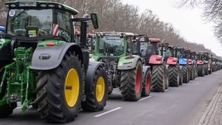 Reihe von Traktoren bei einer Demonstration von Landwirten gegen den Wegfall der Dieselsubventionen und der Einführung einer Kraftfahrzeugsteuer für landwirtschaftliche Fahrzeuge in Berlin. 