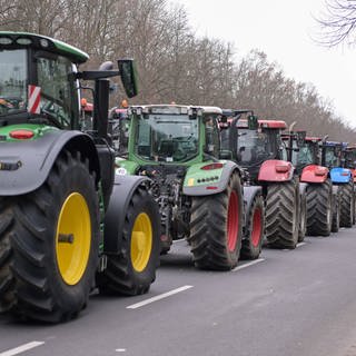 Reihe von Traktoren bei einer Demonstration von Landwirten gegen den Wegfall der Dieselsubventionen und der Einführung einer Kraftfahrzeugsteuer für landwirtschaftliche Fahrzeuge in Berlin. 